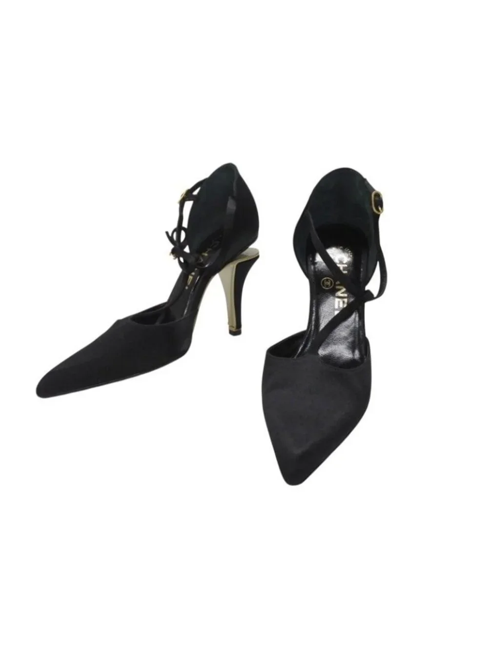 Chanel Stiletto Heels CC Logo Satin Black Goal